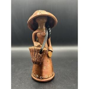 Clay Faceless Hand Sculpted Girl W/ Basket Leather Strap Dominican Republic